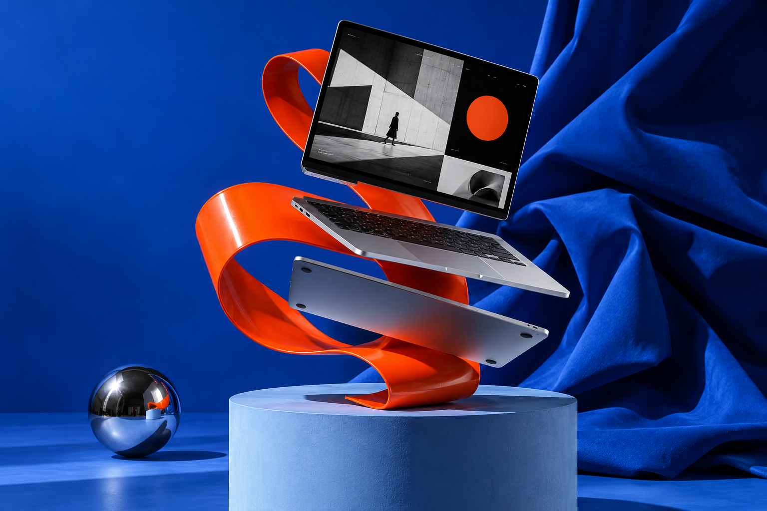 Sculptural orange ribbon connecting the floating parts of a silver laptop in a cobalt blue studio